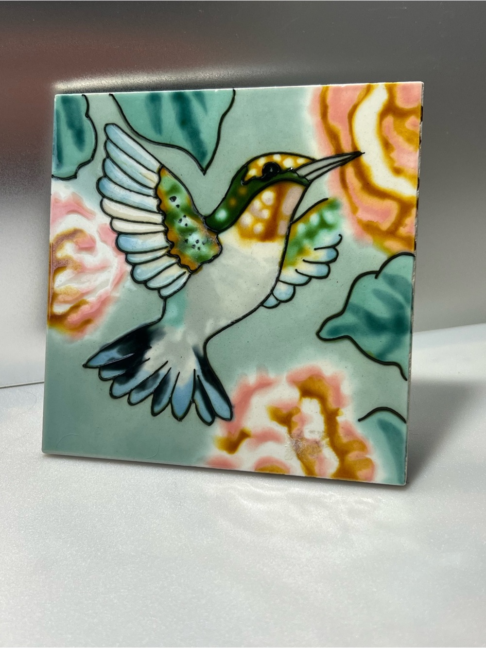 Hand-Painted Hummingbird Ceramic Tile Art - Green and Pink